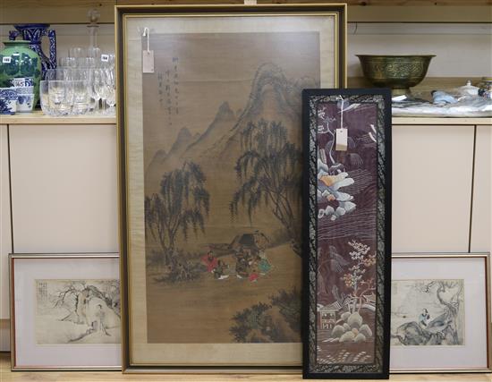 Three Chinese pictures and an embroidery, 99 x 56cm